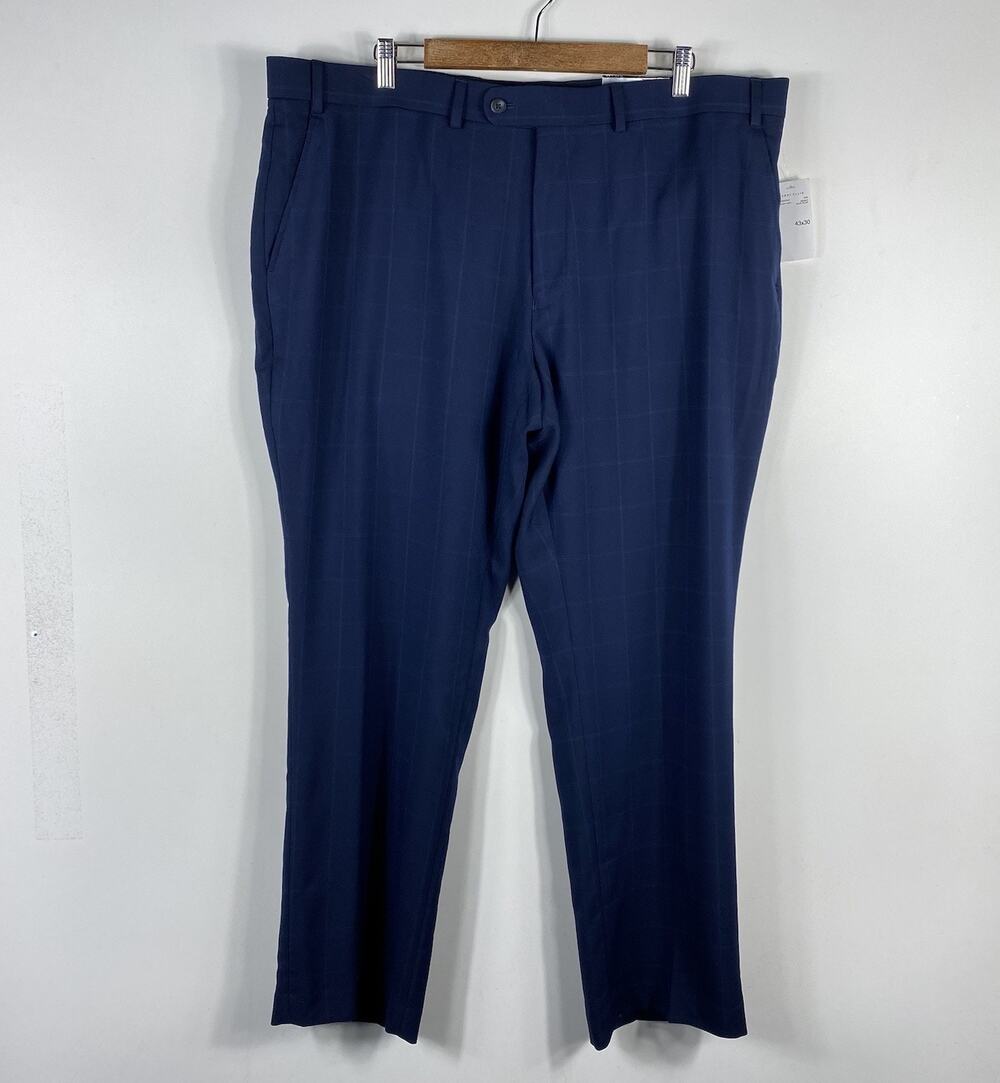 Perry Ellis Dress Pants 43X30 Navy Blue Plaid Portfolio Slim Fit Flat Front